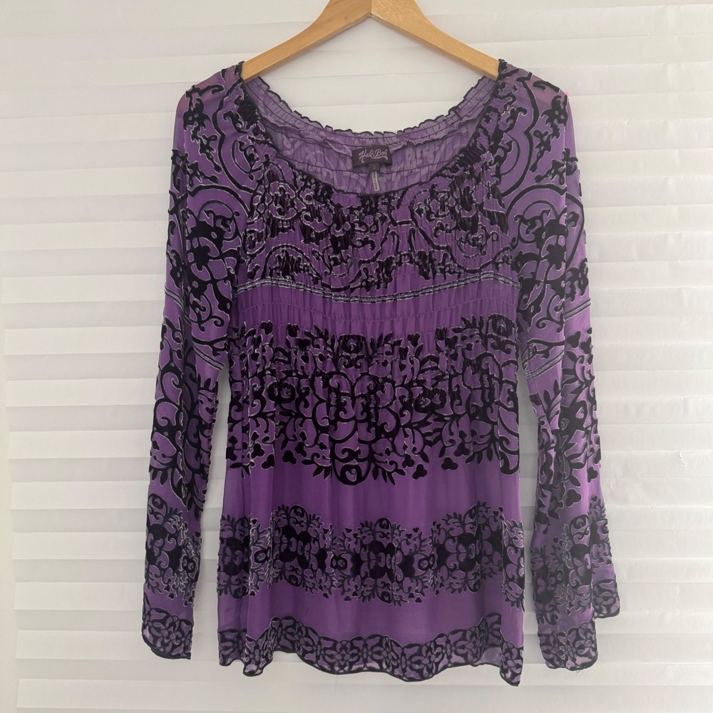 Hale Bob Purple Silk Velvet Burnout Damask Smocked Tunic Top Womens S Whimsigoth